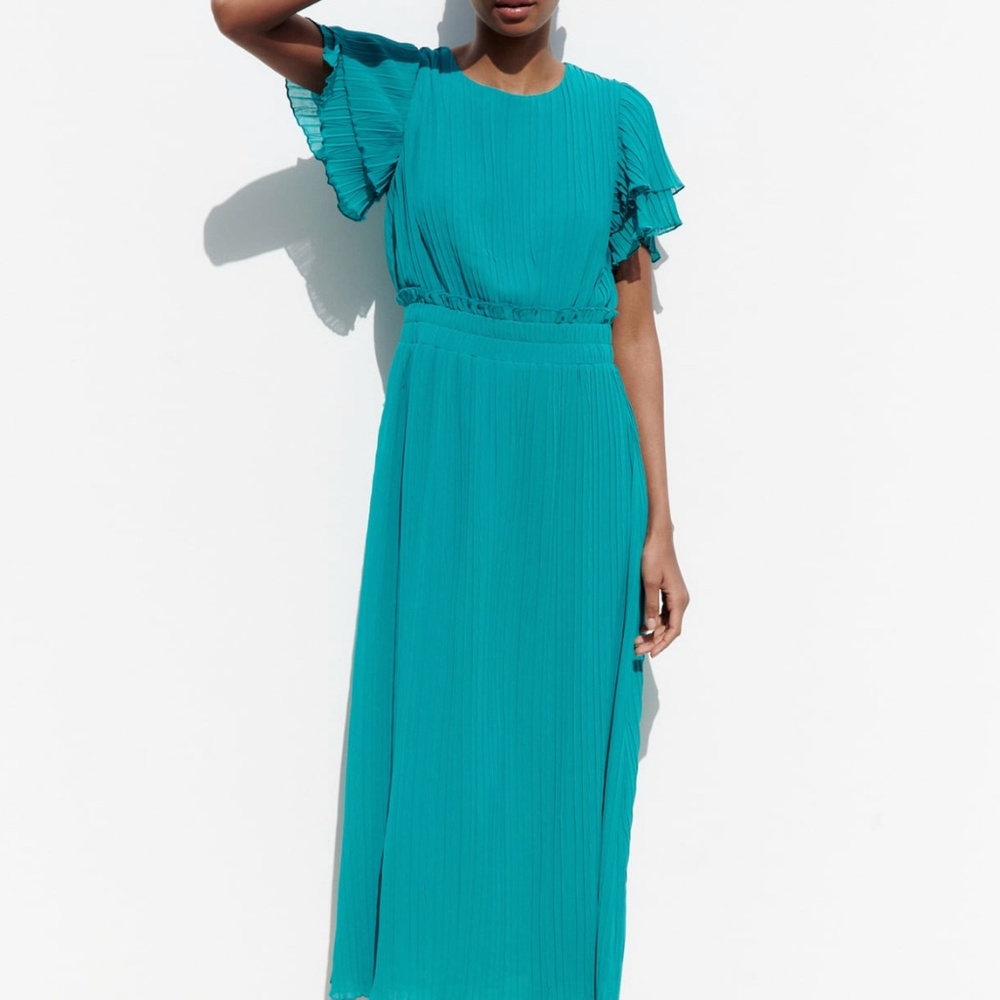 Zara Teal Pleated Midi Dress